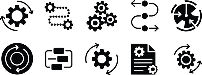 Flat vector illustration, process workflow icons, automation and system development, business management, gear settings, flowcharts, operations and productivity improvement