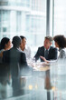 © Designer's Stockroom - Business men and women wearing suit or formal outfit, discussing at their meeting with co-worker and client at   modern office in urban building.
