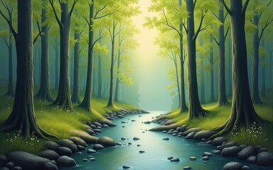 Wall Mural - a serene painting depicting a forest with a stream flowing through it. this artwork captures the bea