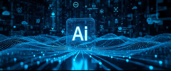 futuristic ai concept with glowing cube, neural network lines, and cloud computing icons