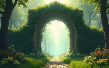 Wall Mural - spectacular archway covered with vine in the middle of fantasy fairy tale forest landscape, misty on