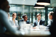 © Designer's Stockroom - Business men and women wearing suit or formal outfit, discussing at their meeting with co-worker and client at   modern office in urban building.