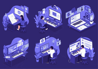 Isometric illustrations showing people working at computers with music keyboards, creating digital content and music in their studios.