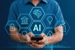 © Media Srock - A person interacts with a holographic display showcasing various AI applications, including learning, security, and data processing, in a futuristic, tech-savvy presentation.