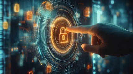 Hand interacting with digital padlock on glowing screen