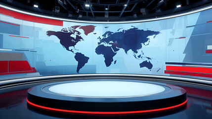 modern studio news set with world map backdrop. minimalist design, red and blue color scheme. tv new