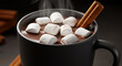 © Thiago - A steaming mug of hot chocolate topped with marshmallows and garnished with cinnamon sticks for warmth.