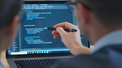 Software Developers Collaborating, Discussing Code on Laptop.