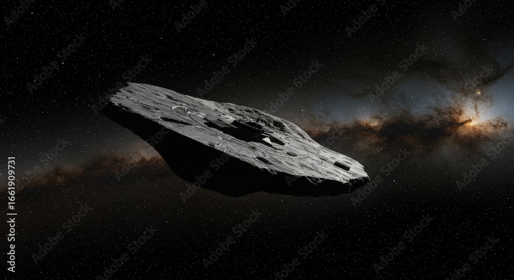 Futuristic sci-fi visualization of the interstellar object 3I/ATLAS,  imagined as a massive alien disc-shaped spacecraft. Its dark metallic  surface is covered with layered panels and structures, giving Stock Photo |  Adobe Stock