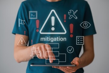 Person using a tablet to interact with a digital interface displaying various symbols and icons related to risk mitigation strategy.