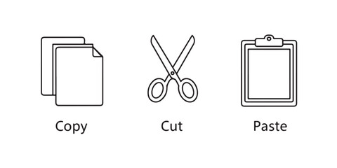Copy, Cut, and Paste Vector Icon Set, User Interface Line Art Symbols.