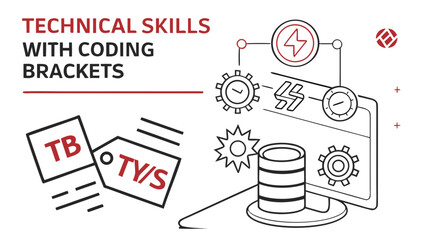 Illustration depicting technical skills with coding brackets and database on computer screen design view