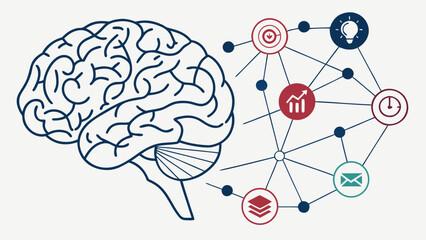 Illustration of a brain connected to a network of icons representing various concepts and ideas