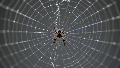 A detailed close up of a spider patiently waiting in its intricate web against a blurred dark background