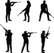 © Shafik Creatives - Silhouettes of armed people with rifles, aiming and standing poses, tactical shooter illustration, military weapon vector, black combat figure design