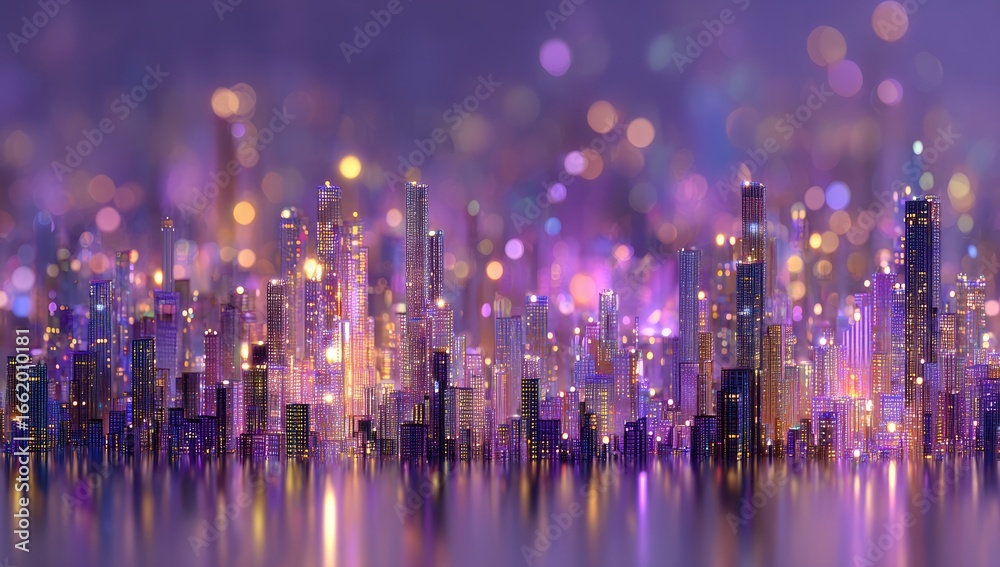 A stylized, futuristic cityscape at night, shimmering with purple and ...