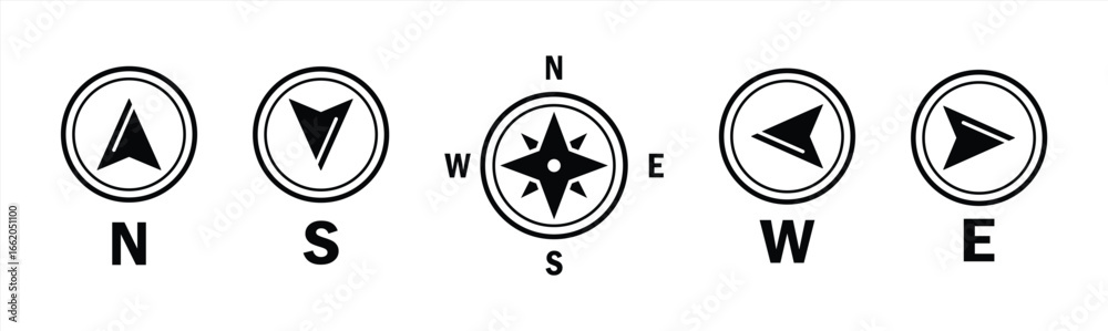 Compass icons set. Map symbol. Monochrome navigational compass with ...