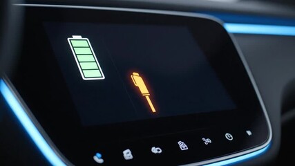 Close-up of an electric car's dashboard screen displaying charging status and battery level.