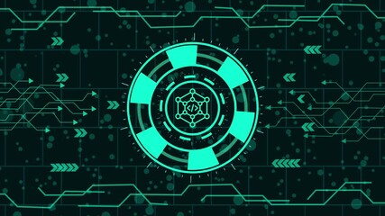 Futuristic technology background with glowing blue digital code icon, perfect for illustrating software development, programming, or data science concepts
