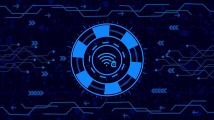 Wall Mural - Abstract technology background with wifi icon, digital circuit board and arrows, futuristic technology interface, artificial intelligence and machine learning concept