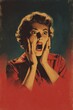 © ink drop - Classic pulp fiction style 1950s woman screaming in terror with red vintage horror poster aesthetic