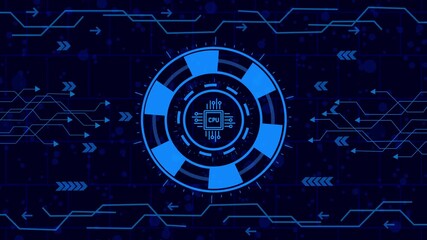 Wall Mural - Futuristic technology background with a digital interface featuring a processor icon, symbolizing computing power, data processing, and modern technological advancement