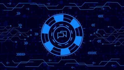text message icon  animation.Futuristic technology background with a glowing blue chat bubble icon in a circular design, surrounded by abstract circuit patterns and directional arrows
