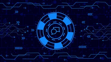 Wall Mural - text message icon  animation.Futuristic technology background with a glowing blue chat bubble icon in a circular design, surrounded by abstract circuit patterns and directional arrows