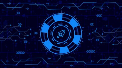 Wall Mural - booster concept, Futuristic blue digital interface with rocket ship icon, circuit board pattern, and arrow symbols against a dark background, symbolizing technology and innovation
