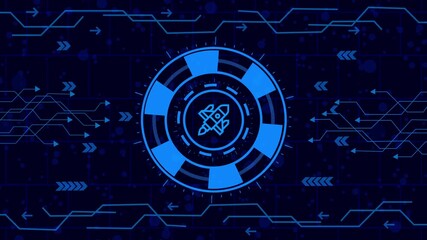 Wall Mural - Futuristic blue background with rocket ship icon in the center, surrounded by circuit board patterns and arrows, creating a hightech and modern design