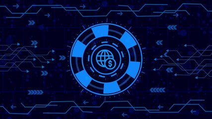 Wall Mural - Futuristic hud interface element with globe and dollar sign, representing global finance and technology, set against a dark blue circuit board background