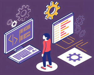A person stands between code screens and gears on a purple background