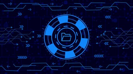 Wall Mural - Futuristic digital interface with a folder icon in the center, surrounded by glowing blue circles and circuit board patterns, creating a hightech and modern aesthetic