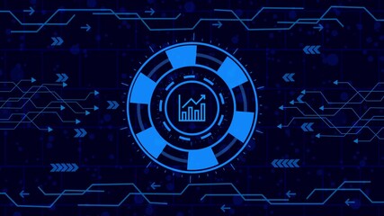 Wall Mural - Futuristic interface concept with a central circular element displaying a rising graph, surrounded by digital arrows and circuit patterns on a dark blue background