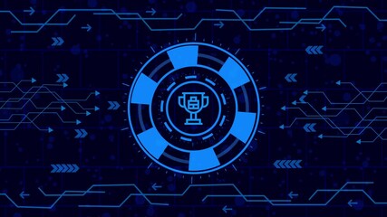 Wall Mural - prise icon  animation,Futuristic hud interface featuring a trophy icon, glowing blue on a dark background, representing achievement, success, and technological advancement