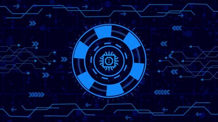 Wall Mural - microchip  icon  animation,Futuristic technology interface with glowing circuit board and hud elements, representing advanced computing and digital communication networks for modern innovation.