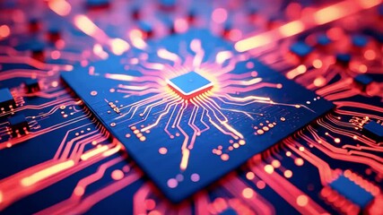 Close-up of a vibrant microchip showcasing intricate circuitry against a glowing background