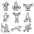 © SanyBRZ - Strength Exercise Icons. Line style icons of strength training exercises: squatting person, deadlift pose, bench press outline,