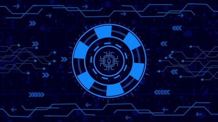 Wall Mural - Abstract futuristic circuit board with chip in the center, glowing lines and arrows on a dark background, symbolizing technology, innovation, and connectivity
