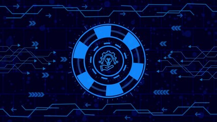 Wall Mural -  Futuristic digital interface featuring a glowing gear symbol, representing advanced technology, artificial intelligence, and the concept of innovation and mechanical processes