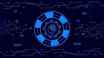 Wall Mural - Futuristic hud interface with a head inside a circle, symbolizing artificial intelligence and machine learning on a dark blue background with circuit board lines