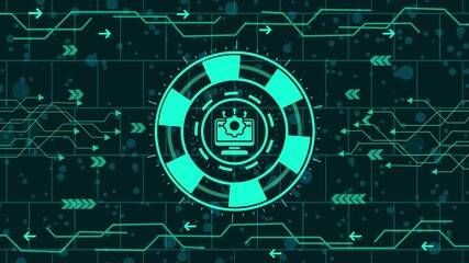 Wall Mural - monitor and gear icon  animation,Abstract futuristic circuit board with computer in the center, glowing lines and arrows on a dark background, symbolizing technology and connectivity