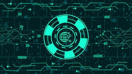 Wall Mural - digital world icon  animation,Abstract futuristic circuit board with globe in the center, glowing lines and arrows on a dark background, symbolizing global technology and connectivity