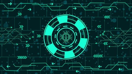 Wall Mural - ai cheap icon  animation,Abstract futuristic circuit board with chip in the center, glowing lines and arrows on a dark background, symbolizing technology, innovation, and connectivity