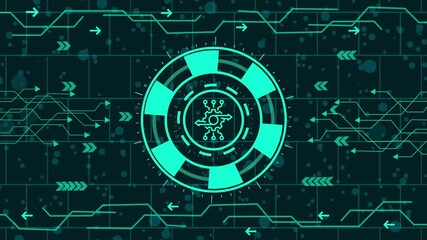 Wall Mural - Futuristic digital interface with a glowing chip symbol, representing advanced technology, artificial intelligence, and the concept of microprocessors and data processing