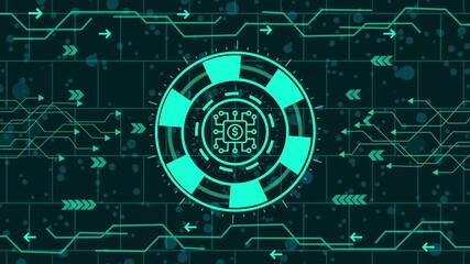 Wall Mural - Modern technology background featuring a glowing circuit board pattern and digital arrows, with a central icon representing a complex system, conveying connectivity