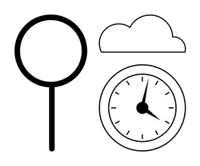 simple magnifying glass, cloud, and clock illustrating exploration, cloud technology, and time manag