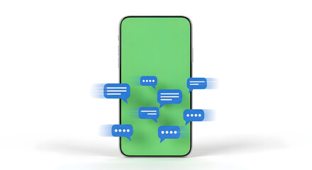 Smartphone with floating message bubbles isolated on white background