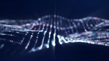 Abstract wavy pattern of blurred, glowing particles in dark blue