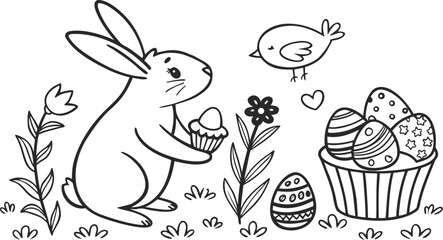 A beautifully crafted set of Easter-themed vector icons, drawn in a simple, hand-drawn black line style,  hand-drawn vector icons with an Easter theme, created in a clean black line art on a white 